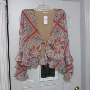 Tularosa ruffled geometric  long sleeve crop button shirt L NWT